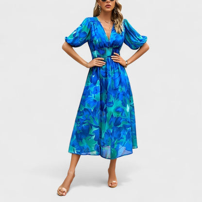 Clara - Elegantna Midi Haljina s Cvjetnim Printom