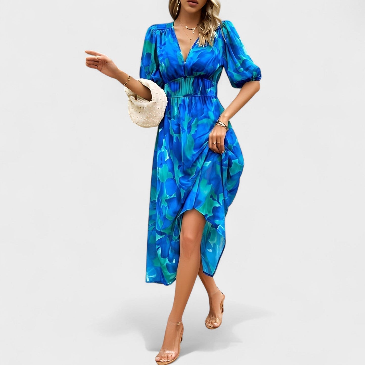 Clara - Elegantna Midi Haljina s Cvjetnim Printom