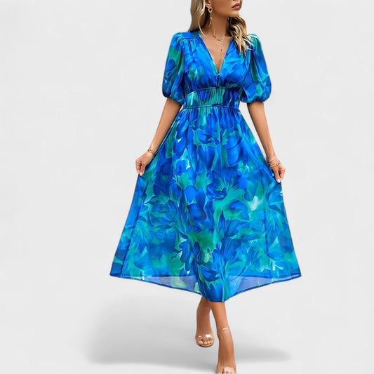 Clara - Elegantna Midi Haljina s Cvjetnim Printom