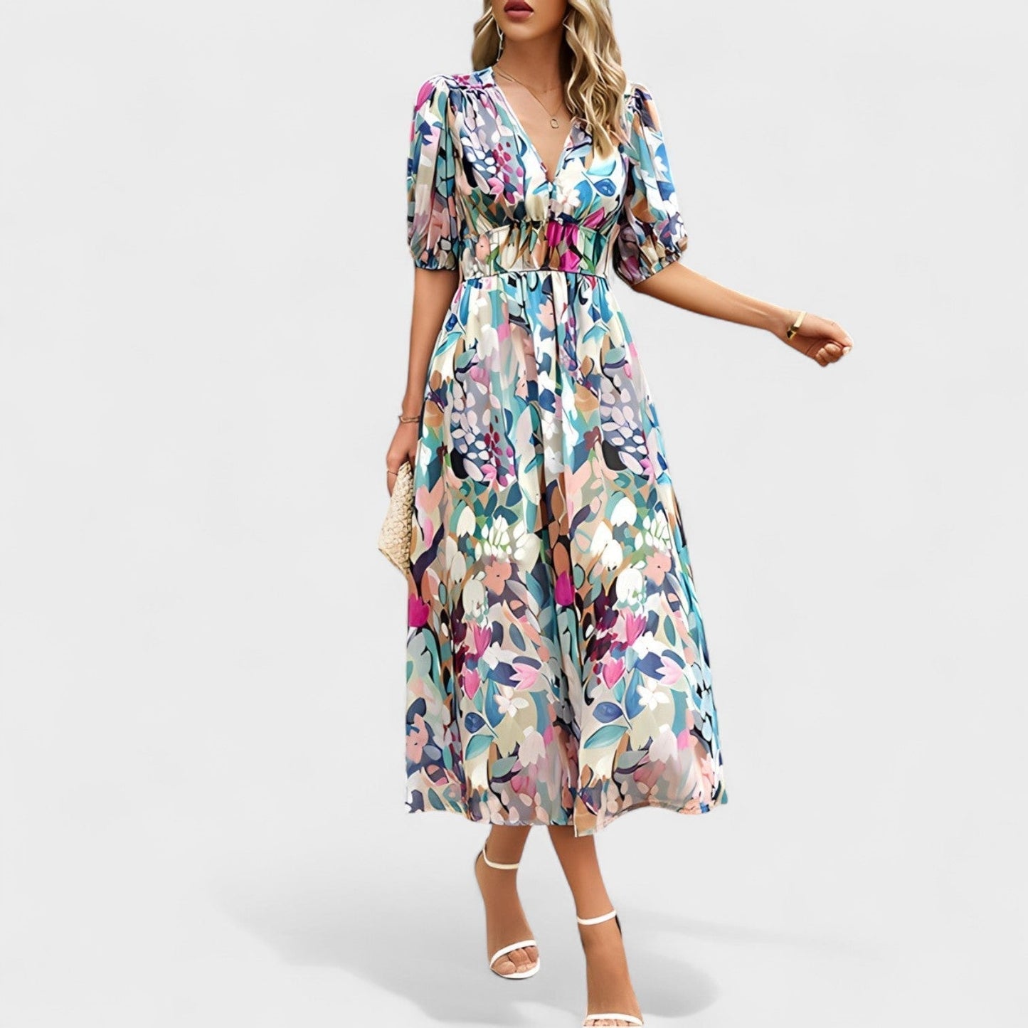 Clara - Elegantna Midi Haljina s Cvjetnim Printom
