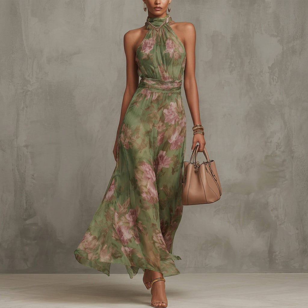 Filipa - Cvjetna Maxi Haljina s Halter Izrezom