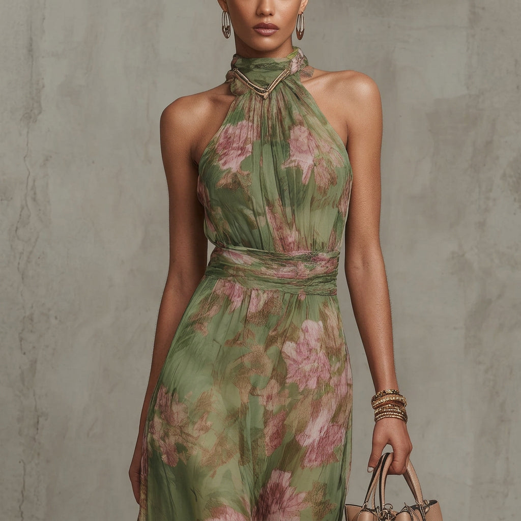Filipa - Cvjetna Maxi Haljina s Halter Izrezom